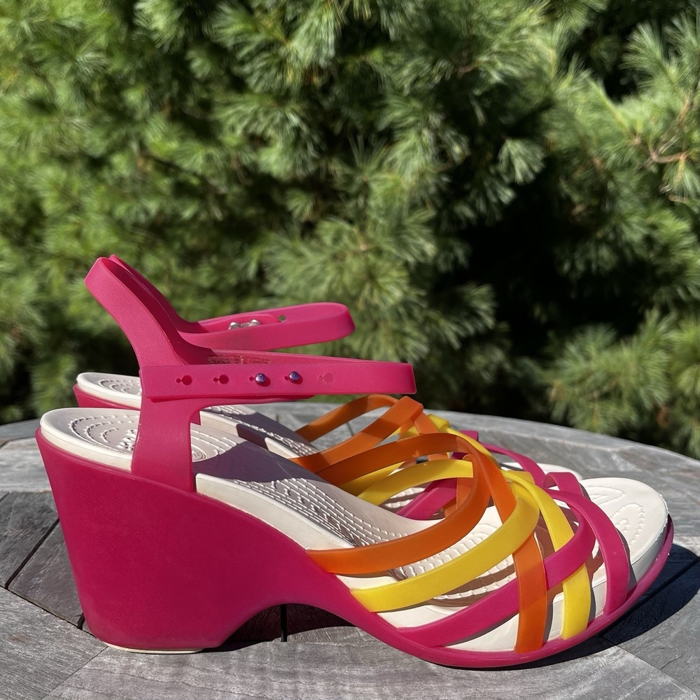 Crocs Huarache Wedge Sandal Womens Sz 10 Ankle‎ Strap Pink Yellow Orange Comfort